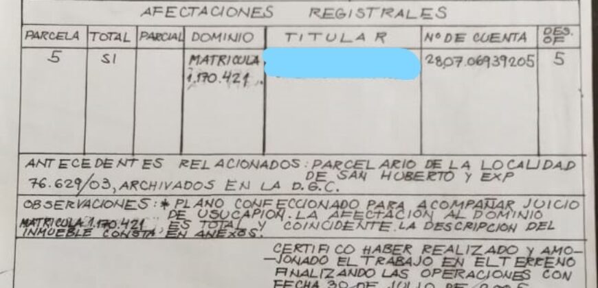 Terreno 2.471m2 en San Huberto, Nono